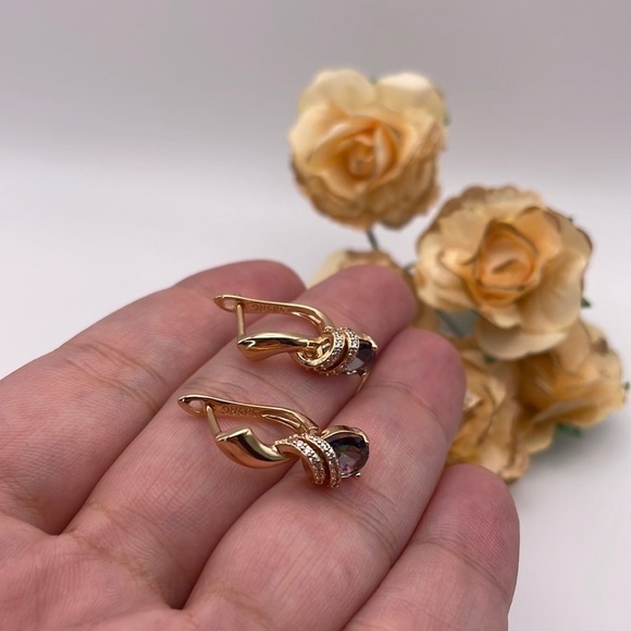 Rose Gold Plated Drop Colourful Stone Earrings - Picture 2 of 6